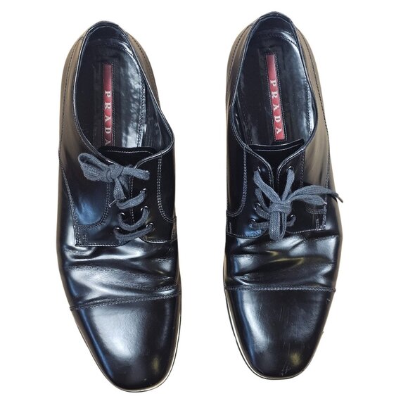 Prada Sport Black Leather Cap Toe Oxfords Shoes Size 10 US 11 Lace-Up Mens Dress - Picture 6 of 8